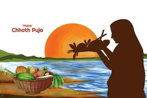 Indian women for happy chhath puja with background and sun vector