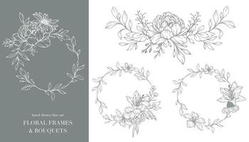 Wildflowers Line Art. Floral Frames and Bouquets Line Art. Fine Line Wildflowers Frames Hand Drawn Illustration. Hand Drawn Outline Wildflowers. Botanical Coloring Page. Wildflowers Isolated vector