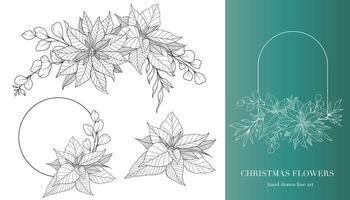 Poinsettia Line Art. Christmas Floral Frames and Bouquets Line Art. Fine Line Christmas Frame Hand Drawn Illustration. Hand Drawn Outline Poinsettia. ChristmasColoring Page. Poinsettia Isolated vector