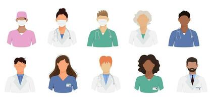 Male and female medical personnel avatars in different color uniforms in faceless style collection vector