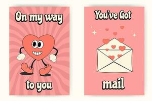Groovy retro style Valentine's Day greeting card set with funny  heart and open envelope. vector