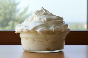 A bowl of whipped cream on a wooden background. Generated by artificial intelligence photo