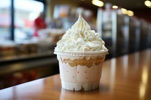 Trifle with whipped cream on wooden table. Generated by artificial intelligence photo