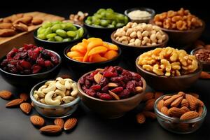 Various types of nuts and dried fruits are arranged in bowls on a table. Generated by artificial intelligence photo