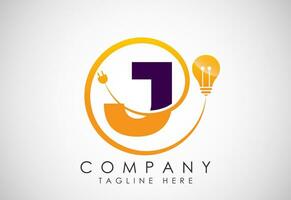 English alphabet J with electric bulb and plug. Electricity, industrial and technology logo vector