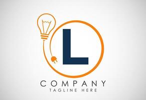 English alphabet L in a circle with electric bulb and plug. Electricity, industrial and technology logo vector