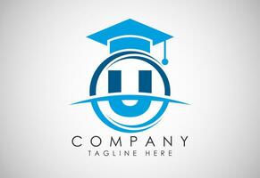 English alphabet U in a circle with education hat. Education and graduation logo vector