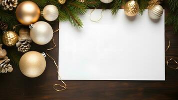 festivo blanco Navidad tarjeta rodeado por dorado y plata adornos foto