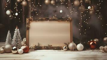 Blank Wooden Sign with Christmas Decorations and Sparkling Lights photo