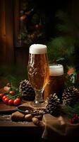 Golden Filigree Beer Glasses Amidst Pine Cones and Berries on a Wooden Table photo