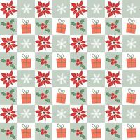 Seamless pattern with festive winter patterns with poinsettias, snowflakes, gift boxes. Organized checkered square print. Vector graphics.