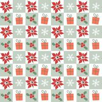 Seamless pattern with festive winter patterns with poinsettias, snowflakes, gift boxes. Organized checkered square print. Vector graphics.