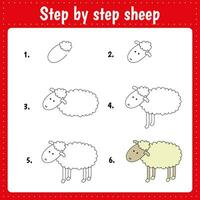 Drawing lesson for children. How draw a sheep. Drawing tutorial. Step by step repeats the picture. Kids activity art page for book. Vector illustration.