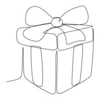 Continuous One line drawing of Christmas Gift box with bow. Single line draw in simple linear style. Hand drawn doodle vector illustration