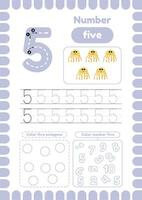 Handwriting practice tracing numbers. Learn number five. Educational page for preschool kids. Color octagons. Trace numbers. vector