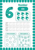 Learn number six. Activity page for preschool kids education. Color hexagons. Handwriting practice . Tracing page vector