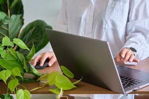 Women's hands at a laptop against a background of greenery. photo