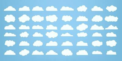 grupo, conjunto de blanco nubes colección elementos, nubes conjunto y varios diferente estilos nubes caroon estilo, en un plano diseño y blanco nubes vector