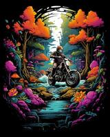 A view of a man riding a motorbike and some colorful trees behind photo