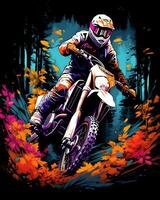 A view of a man riding a motorbike and some colorful trees behind photo