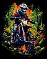 A view of a man riding a motorbike and some colorful trees behind photo