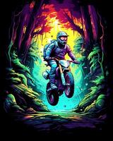 A view of a man riding a motorbike and some colorful trees behind photo