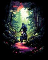 A view of a man riding a motorbike and some colorful trees behind photo