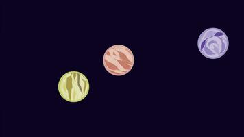 Video footage of colorful bouncing balls moving from frame edge to edge corner. Moving bouncing sphere balls isolated on horizontal dark colored background.