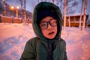 un chico en invierno ropa y empañado lentes. foto
