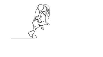 Self drawing animation of single line draw senior male doctor giving explanation to physician assistant about hospital procedure. Medical healthcare service. Continuous line draw. Full length animated video