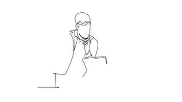 Self drawing animation of single line draw young happy male and female marketing manager discussing sales progress on tablet phone. Online business report. Continuous line draw. Full length animated video