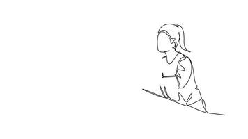 Self drawing animation of single line draw young business man and business woman discussing project learning data graph on laptop screen. Business meeting. Continuous line draw. Full length animated video