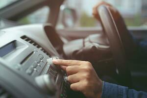 close up hand open car radio listening. Car Driver changing turning button Radio Stations on His Vehicle Multimedia System. Modern touch screen Audio stereo System. transportation and vehicle concept photo