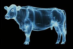 Cow in blue x-ray glow on a black background. X-ray of a cow. Generated by artificial intelligence photo