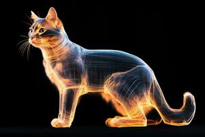 Cat with golden glow on a black background. X-ray of a cat. Generated by artificial intelligence photo