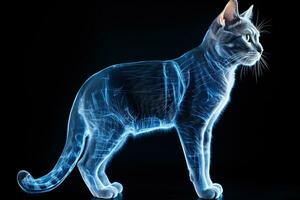 Grey cat with blue x-ray glow on a black background. X-ray of a cat. Generated by artificial intelligence photo