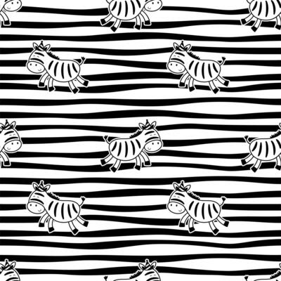 Zebras with party hat hand drawn seamless pattern. Cute cartoon Zebra on stripped background