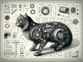 Engineering blueprint of a cat with a focus on informational or three-dimensional modeling related to BIM. Perfect content for posters, wallpaper, postcards, fabric, napkins and other creative project photo