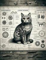 Engineering blueprint of a cat with a focus on informational or three-dimensional modeling related to BIM. Perfect content for posters, wallpaper, postcards, fabric, napkins and other creative project photo