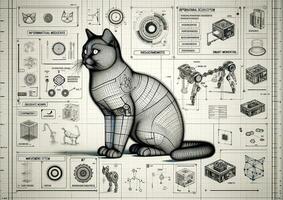 Engineering blueprint of a cat with a focus on informational or three-dimensional modeling related to BIM. Perfect content for posters, wallpaper, postcards, fabric, napkins and other creative project photo