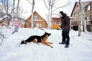 un hombre obras de teatro ir a buscar con un perro en el Nevado yarda de un casa. foto