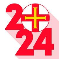 Happy New Year 2024, long shadow banner with Guernsey flag inside. Vector illustration.