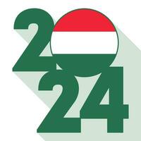 Happy New Year 2024, long shadow banner with Hungary flag inside. Vector illustration.