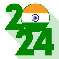 Happy New Year 2024, long shadow banner with India flag inside. Vector illustration.