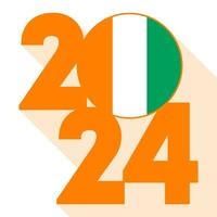 Happy New Year 2024, long shadow banner with Ivory Coast flag inside. Vector illustration.