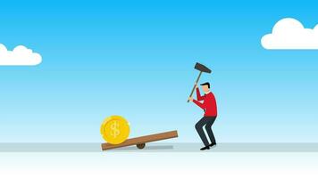 Man trying to increase money value, dollar crash and trying to fall up concept flat vector illustration video