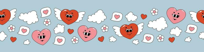 Seamless border of groovy hearts, flowers and clouds. Cartoon characters and elements in trendy retro style on blue background vector