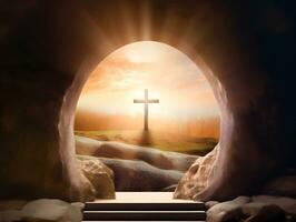 Resurrection Of Jesus Christ, Tomb Empty, Crucifixion At Sunrise photo