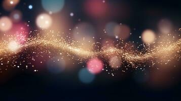 Wave shaped golden bokeh light particles background. Defocused. photo