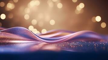 Metallic wave with golden bokeh light particles background. Defocused. photo